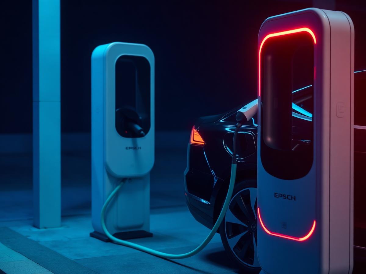 Estação de recarga rápida para veículos elétricos em ambiente noturno